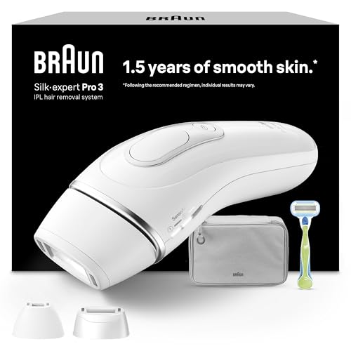Braun IPL Geräte Haarentfernung Silk·expert Pro 3 – Dauerhafte und Schmerzfreie Haarentfernung für Zuhause – Inkl. Aufbewahrungstasche, Gillette Venus Rasierer und 3 Aufsätze – PL3222, Weiß/Silber