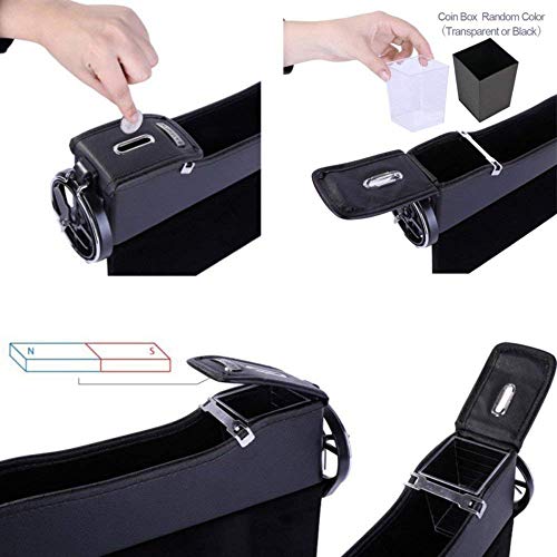 Onewell Multi-fuctional Car Seat Leather Storage Box, Console Side Pocket, Gap Catcher with Coin Organizer and Cup Holder (Set of 2, Black)