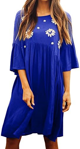 Faisean Women Embroidered Floral Bohemian 3/4 Bell Sleeve Vintage Mexican Casual Swing Tunic Midi Dress