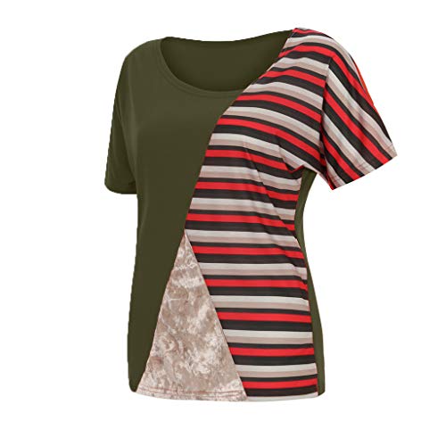 Duseedik Women's Summer Tops Color Matching T-Shirt O-Neck Casual Short Sleeved Patchwork Striped T-Shirt Tunic Army Green - Thumbnail 3