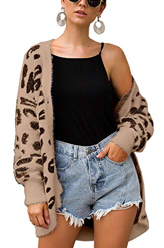 BTFBM Women Leopard Button Down Long Sleeve Loose Knit Sweater Cardigan Coat Top (Khaki, Medium)