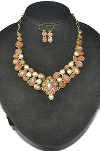 Women Jewelry 925 Sterling Silver Peach moonstone, Pearl Gold Plated Necklace Necklace Set CCI