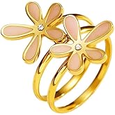 Dtja Layered Crystal Daisy Statement Ring for Women Stainless Steel Gold-Toned Vintage Enamel Flower Floral Finger Rings Comfort Fit Elegant Birthday Wedding Jewelry Size 7