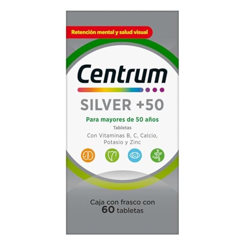 Centrum Multivitamínico Silver +50 con Magnesio, Vitamina C, Calcio, Potasio y Zinc, 60 Tabletas