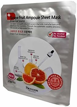 4 Mask sheets of Grape Fruit Ampoule Sheet Mask, Grape Fruit Moisture Care: Moisturizing the Skin, Improvement in Skin, Skin Protection, Muscular Relaxation (23g + 2g/ Sheet)