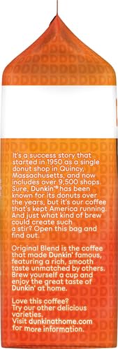 DUNKIN’ ORIGINAL BLEND MEDIUM ROAST WHOLE BEAN COFFEE, 18 OUNCE