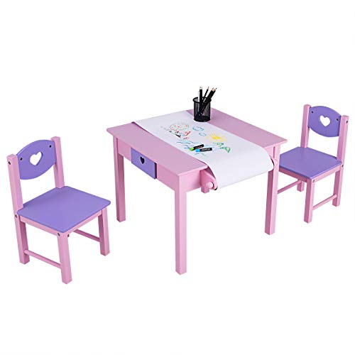 Baby Joy Kids Wood Table and 2 Chair Set, 3 in 1 Children Art Table