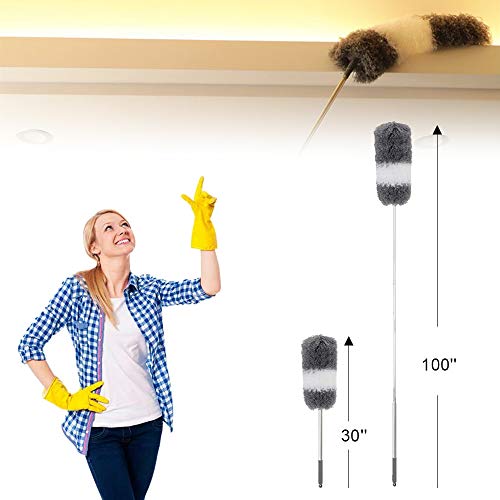 Telescoping Microfiber Duster,Ceiling Fan Duster, Retractable Stainless Steel Pole,Bendable Washable Head,30-100 inches,for Cleaning Roof, Blinds, Cobwebs,Ceiling, Corners,Furniture,Car,Skylight