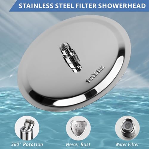 Voolan Rain Shower Head and Shower Filter Set, High Pressure Shower Heads Made of Stainless Steel, Filter Cartridge for Hard Water (20 cm, Circular)