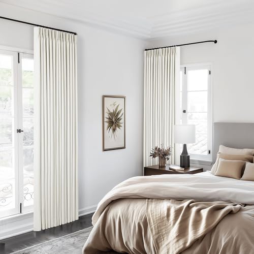 TWODRAPES 102 Inches Long Pinch Pleated Linen Blackout Curtains for Bedroom | Memory Trained Shape, 100% Blackout Light Blocking Curtains, for Living Dining Room, Natural Cream Farmhouse, with Back Tab