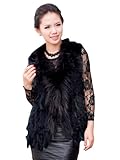 Queenshiny Women's Knitted Rex Rabbit Fur Vest with Big Raccoon Collar and Fringe-Black-S(4-6)