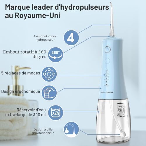 jet dentaire, irrigateur buccal sans fil, fil dentaire électrique, 5 modes pression, étanche IPX8, irrigateur buccal portable, kit nettoyage dents, QR-7102 (Bleu Pastel)