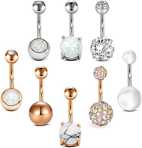 AceFun 14G Belly Bars Stainless Steel Belly Button Piercing Rings with CZ Opal for Women Girls Mixed Styles Navel Rings Body Piercing Jewelry 10MM