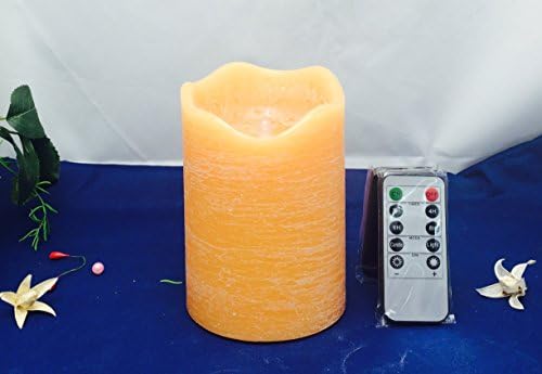 Adoria TM honey orange wax pillar candles with rustic effect, Battery Operated ,10keys multi-function remote and timer ,4 by 6inch height, lime scent, 1 of set, amber glowing flicker/light option