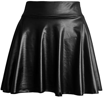 Women's Faux Leather Casual Fashion Stretchy Flared Pleated A-Line Circle Mini Skater Skirt