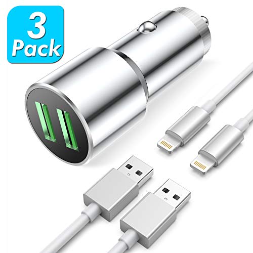 Aznze Car Charger Compatible with Phone XR/XS/X / 8/7/6/6S Plus 5S/5C/SE, Pad Air Mini Pro (2.4A Dual Port USB Car Charger with 2X 3ft Charging Cable) (3in1 Pack)