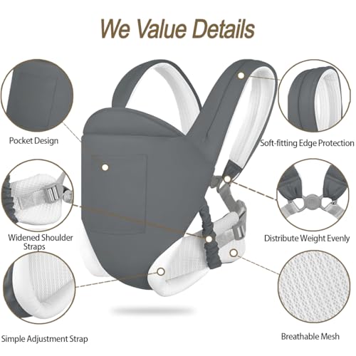 Grey Baby Carrier, Ergonomic Newborn Carrier Wrap with Hip Seat Storage Pocket, Soft Lightweight Adjustable Size Enhanced Lumbar Support Front Facing Back Sling for Toddler 3-36 Months All Seasons