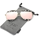 SojoS Metal Frame Double Color Flash Mirrored Aviator Womens Sunglasses SJ1032 With Gold Frame/Marble and Pink Lens
