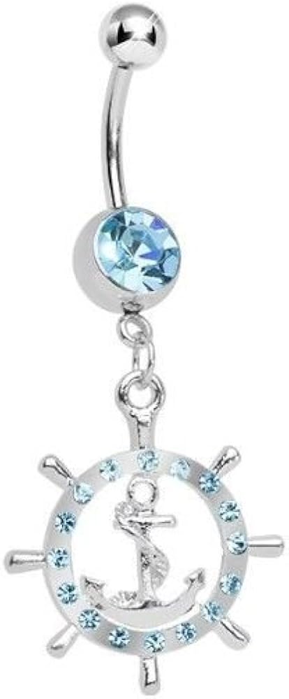 Amazon Com Nauticall Belly Button Ring Ship S Wheel With Blue Jewel And Anchor 14 Gauge Jewelry