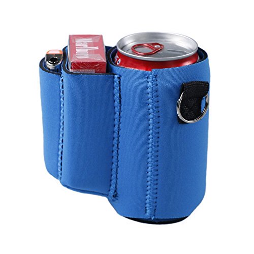 Can with Cigarette and Lighter Holder Slim Can Sleeves Neoprene Beverage Coolers (Blue)