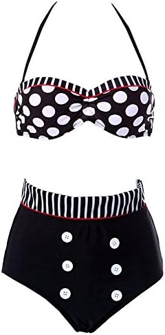 Goldmice Women Two Pieces Vintage Pinup Girl Rockabilly High Waist Retro Bikini Swimsuit Set (L, Polka Dot W/Red Trim)
