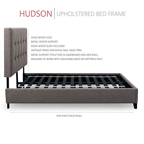 Hudson Tufted Upholstered Platform Bed, 50" Tall Headboard, Heather Gray Fabric, Strong Wood Slats, Wood Feet, Designed to Work with Adjustable Beds, Solid Rail (King)