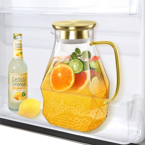 ecooe Glass Water Pitcher 1.8 Liter Glass Jug Fridge Door Glass Water Jug with Stainless Steel Lid, Transparent Glass Jug for Cold/Hot Water, Juice, Milk, Coffee, Tea