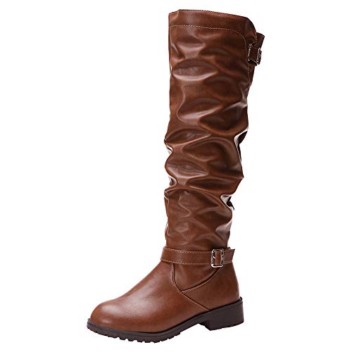 Womens Belt Buckle Leather Zipper High Boots - Over The Knee Shoes Chunky Heel Motorcycle Martin Boots Shoes (Brown, 5.5 B(M) US)