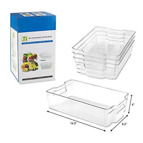 JinaMart X-Large Fridge & Refrigrator Organizer Storage Bins | Freezer, Office, Bathroom, Pantry Organizer Bin | BPA Free Clear Stackable Plastic Storage Bins Rack with Handles | 4 Packs