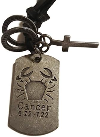 Pewter Tone Zodiac Charms Adjustable Black Leather Cord Necklace Dog Tag Cross Pendant (Cancer)