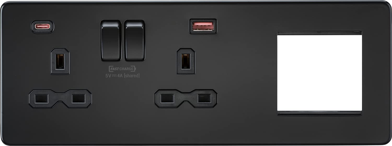 Screwless 13A 2G DP Socket with USB Fastcharge + 2G Modular Combination Plate - Matt Black