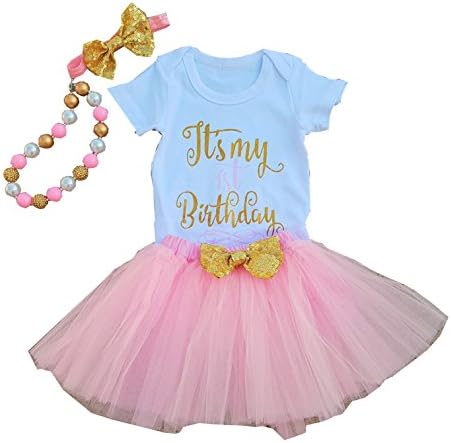 LMC Short Sleeve Baby Girl First Birthday Party Outfit Set Completed With Bodysuit, Tutu Dress, Matching Headband and Bubblegum Necklace (Pink)