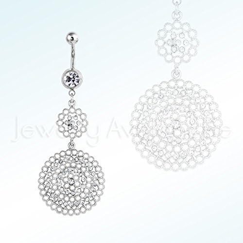 Silver Sunflower Design w/ CZ Belly Ring, Polished Screw-on 14G Banana Barbel 316L Surgical Steel Navel Ring - White