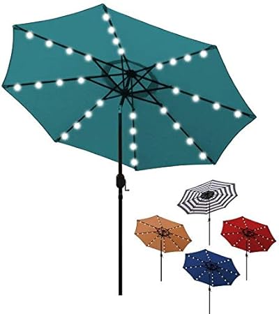 Amazon Com Blissun 9 Ft Solar Umbrella 32 Led Lighted Patio Umbrella Table Market Umbrella With Tilt And Crank Outdoor Umbrella For Garden Deck Backyard Pool And Beach Cerulean Garden Outdoor