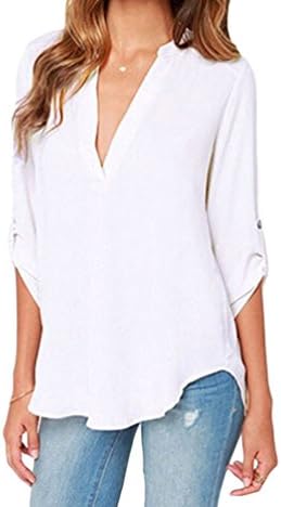 Blorse V Neck Loose Fitting Chiffon Blouse(White,2XL)