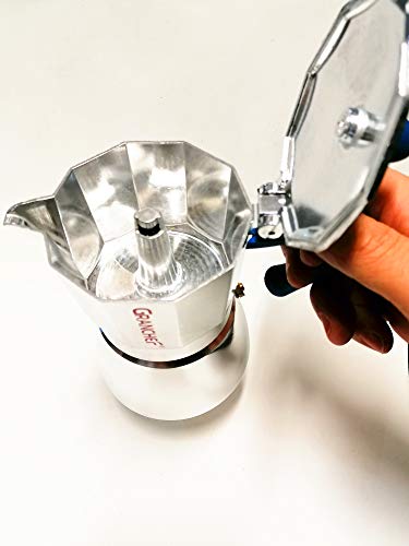 Granchef Espressokocher aus Aluminium, 3 Tassen, Espressokocher mit Griff und blauem Griff (3 Tassen) – Bild 3