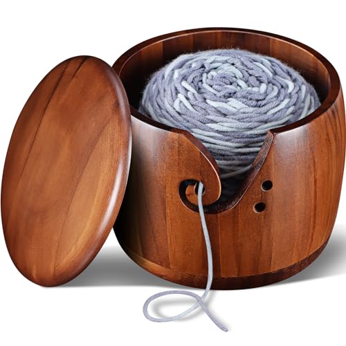 Foxyoo Yarn Bowl for Crocheting - 7x5in Large Wood Knitting Bowl with Lid, Crochet Accessories and Knitting Gadgets Supplies