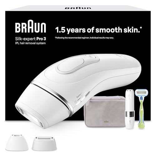 Braun IPL Geräte Haarentfernung Silk·expert Pro 3, PL3136, Weiß/Silber - Alternative Laser Haarentfernung für Zuhause, Dauerhafte Haarentfernung, Inkl. Etui, Mini-Rasierer, Venus Rasierer, 2 Aufsätze