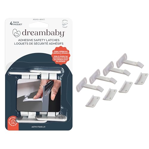 Dreambaby Adhesive Safety Latches for Drawers & Cabinets, White, 4 Count