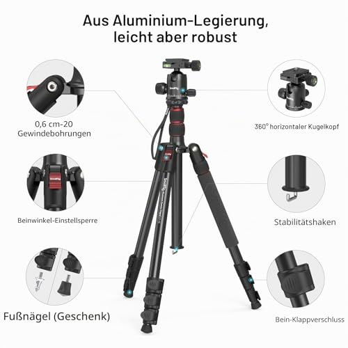 SMALLRIG 71 Inch Foldable Aluminium Camera Tripod Monopod | 360° ball head removable and quick release plate, with smartphone clamp, payload 15 kg 33 lb, 71 in/180 cm - 3935