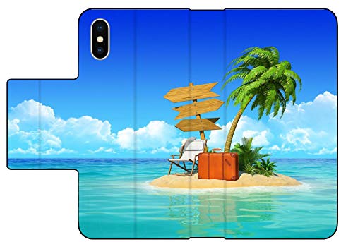 Liili Premium Apple iPhone Xs Flip Pu Wallet Case Desert Tropical Island with Palm Tree Chaise Lounge Suitcase and Three Empty Wooden Signpost Concept Image