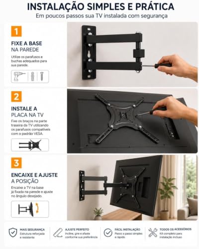 Suporte Articulado para TV 32 a 55 Pol Universal Ajustável até 30kg | Ajuste livre, Metálico, Padrão Vesa, Suporte articulado, Parede TV, 32 a 55 polegadas, Até 30kg