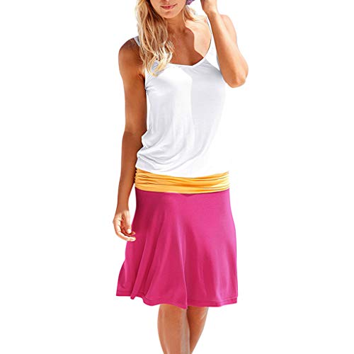 Mysky Fashion Women Summer Casual Color Block Sleeveless Comfy Sling Above Knee Dress Red