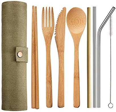 Eco Friendly Bamboo Cutlery Set Travel Utensils Reusable Flatware Set with Bamboo Chopsticks Forks Knifes Spoons Straws and Brushes Wooden Cutlery Set Camping Cutlery Set with Travel Pouch