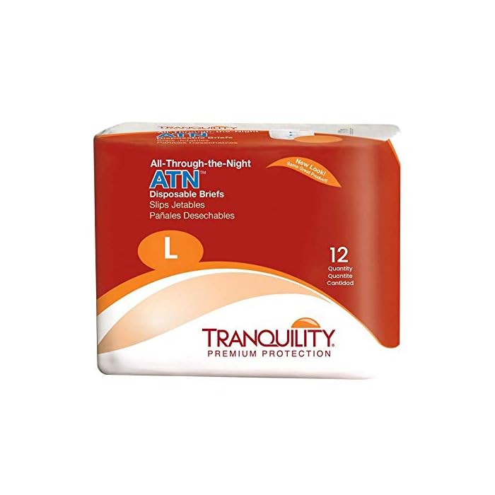 Tranquility ATN Adult Disposable Briefs, Refastenable Tabs with All-Through-The-Night Protection, L (45"-58") - 12ct (Pack of 6)