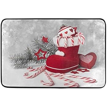 Kcldeci Christmas Santa's Boot Doormat for Entrance 23.6 x 15.7 inch, Winter New Year Xmas Candy Canes Bath Mat Non-Slip Front Floor Welcome Indoor Mats for Home Kitchen Bathroom Decor