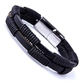 Unique Men's Coal Black Cuff Genuine Leather Bracelet with Stainless Steel Clasp