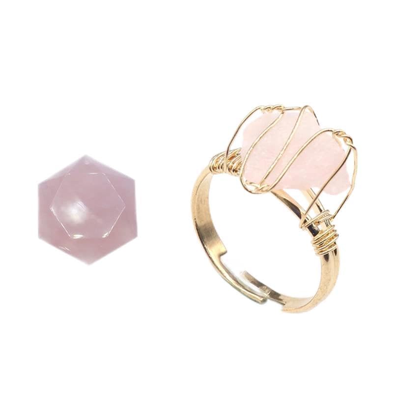 Healing Crystal 1Pcs Hexagram Star Amulet Rose Quartz Crystal and 1Pcs Natural Raw Crystal Wire Wrapped Adjustable Rose Quartz Crystal Ring