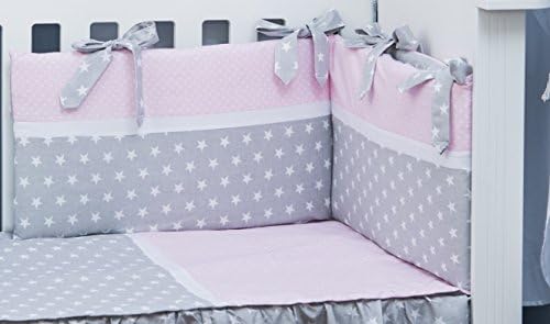 Vizaro - Cot Bumper (Removable with Zipper), Duvet Cover and Pillow Case - 3 Pieces Set for Cot 60x120 cm - Pure Cotton - Made in EU - OekoTex - C. Polka Dots and Stars