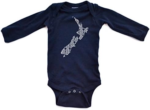 Apericots New Zealand Map Outline Aotearoa Kiwi Maori Pattern Cute Baby Long Sleeve Bodysuit (6 Months, Navy Blue)